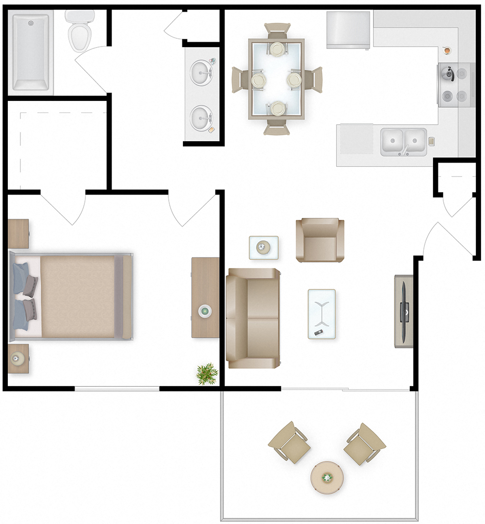 Floor plan for 1 bed, 1 bath, 705 sqft